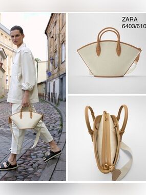 NWT Zara Cream and Tan Leather-Trim Tote Bag